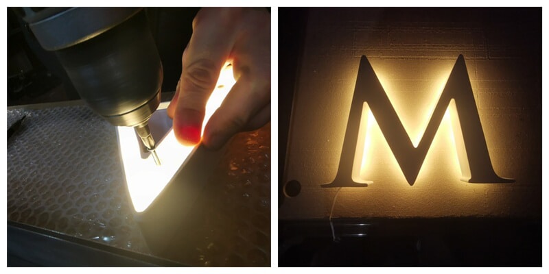 A collage of LED lettering during creation and after.